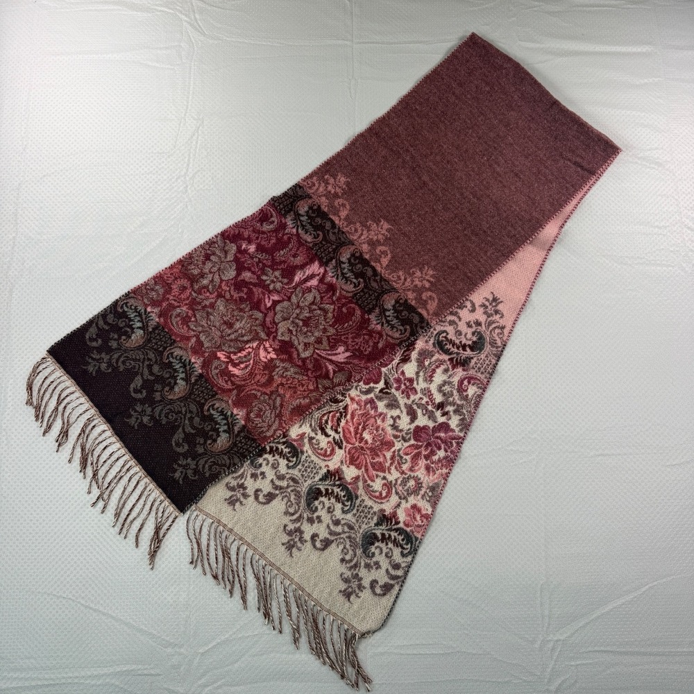 V Fraas Cashmink Scarf Reversible Floral Paisley Fringe Pink Burgundy Germany